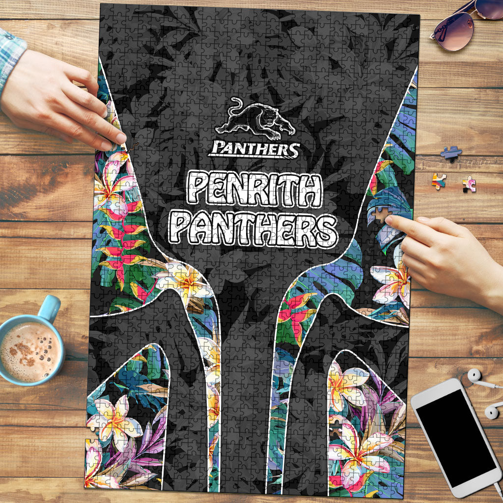 Penrith Panthers Puzzle Tropical Hibiscus Floral Pattern With Black And Grey Accents