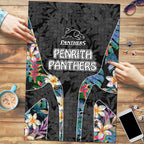 Penrith Panthers Puzzle Tropical Hibiscus Floral Pattern With Black And Grey Accents