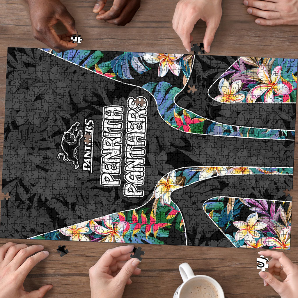 Penrith Panthers Puzzle Tropical Hibiscus Floral Pattern With Black And Grey Accents