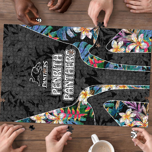 Penrith Panthers Puzzle Tropical Hibiscus Floral Pattern With Black And Grey Accents