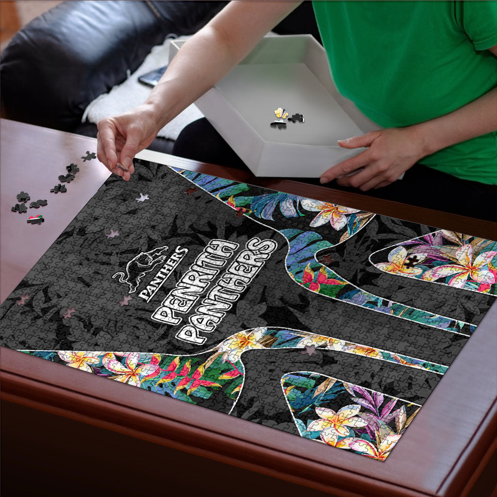 Penrith Panthers Puzzle Tropical Hibiscus Floral Pattern With Black And Grey Accents