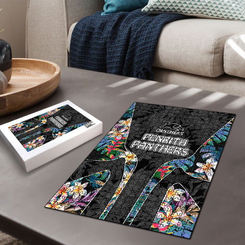 Penrith Panthers Puzzle Tropical Hibiscus Floral Pattern With Black And Grey Accents