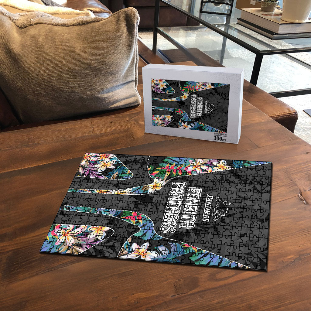 Penrith Panthers Puzzle Tropical Hibiscus Floral Pattern With Black And Grey Accents