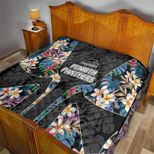 Penrith Panthers Quilt Tropical Hibiscus Floral Pattern With Black And Grey Accents