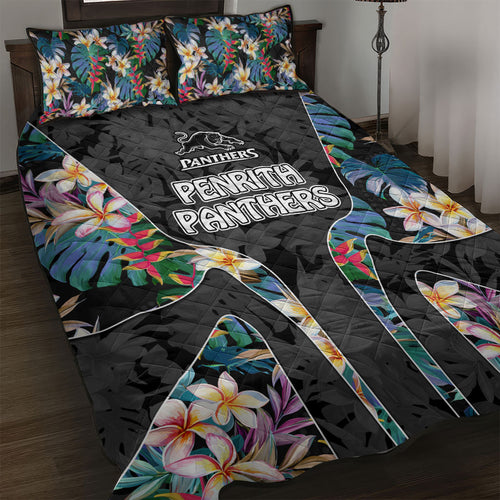 Penrith Panthers Quilt Bed Set Tropical Hibiscus Floral Pattern With Black And Grey Accents