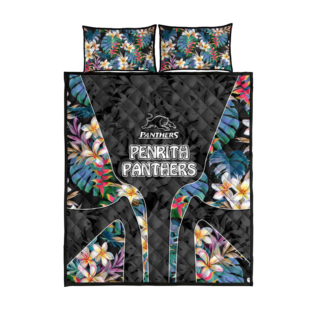 Penrith Panthers Quilt Bed Set Tropical Hibiscus Floral Pattern With Black And Grey Accents