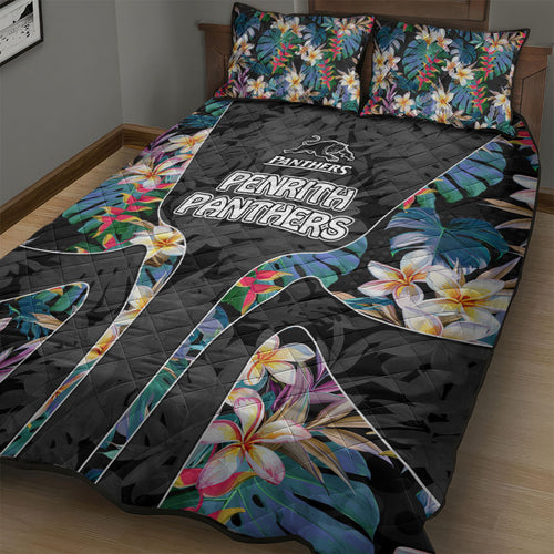 Penrith Panthers Quilt Bed Set Tropical Hibiscus Floral Pattern With Black And Grey Accents