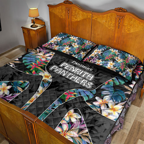 Penrith Panthers Quilt Bed Set Tropical Hibiscus Floral Pattern With Black And Grey Accents