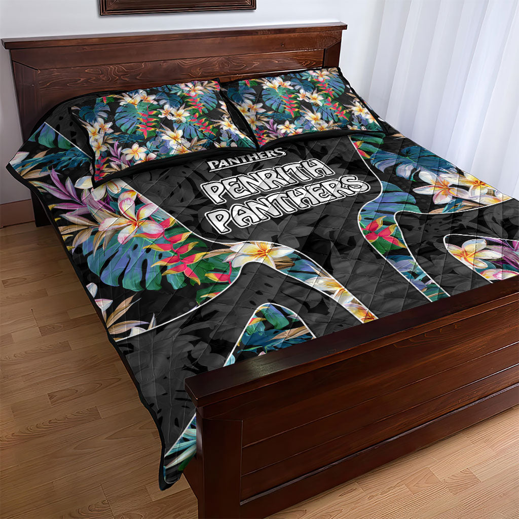 Penrith Panthers Quilt Bed Set Tropical Hibiscus Floral Pattern With Black And Grey Accents