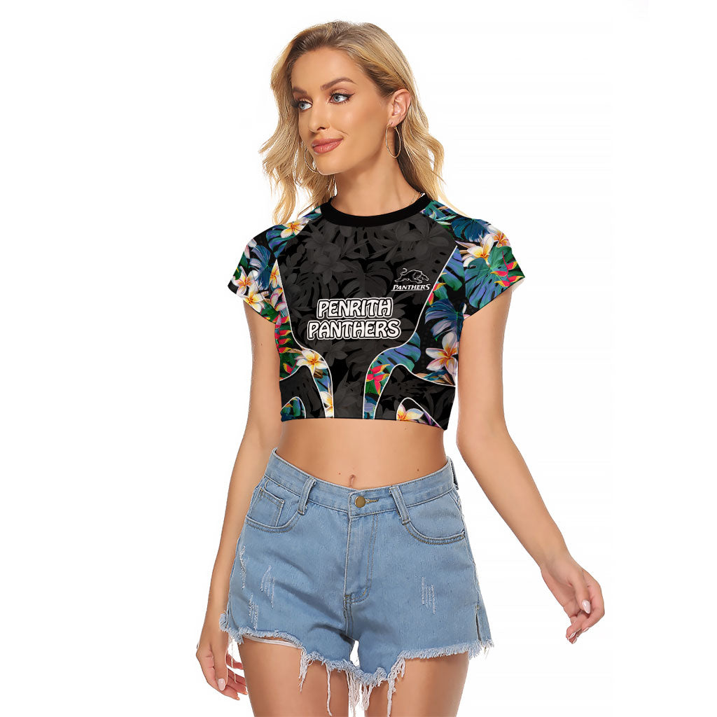 Penrith Panthers Raglan Cropped T Shirt Tropical Hibiscus Floral Pattern With Black And Grey Accents