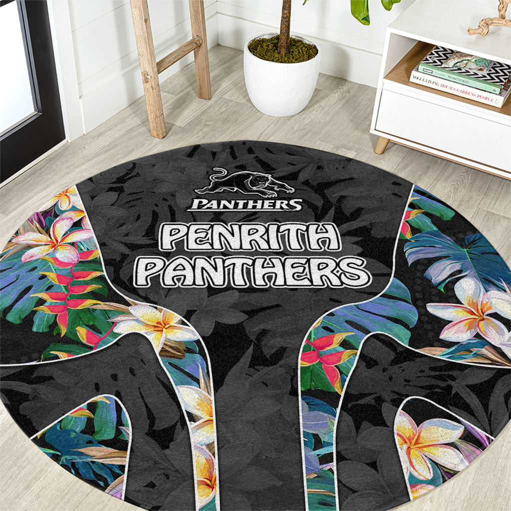 Penrith Panthers Round Carpet Tropical Hibiscus Floral Pattern With Black And Grey Accents