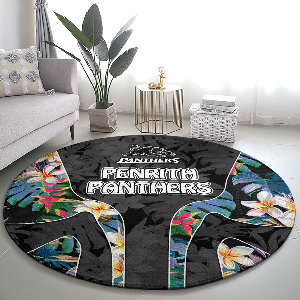 Penrith Panthers Round Carpet Tropical Hibiscus Floral Pattern With Black And Grey Accents