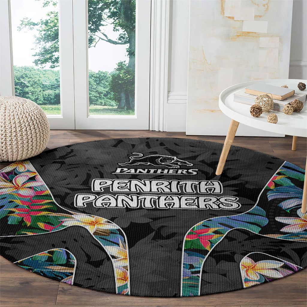 Penrith Panthers Round Carpet Tropical Hibiscus Floral Pattern With Black And Grey Accents
