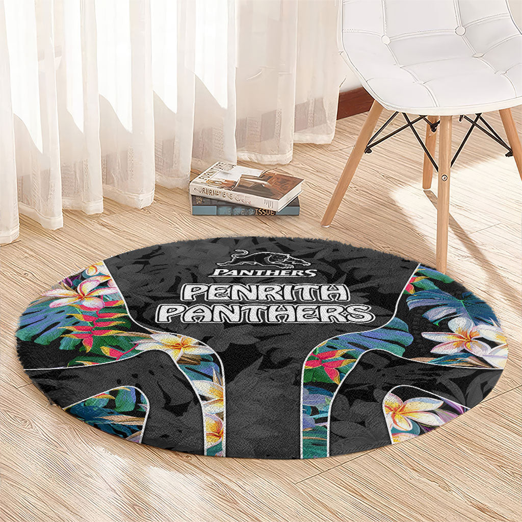 Penrith Panthers Round Carpet Tropical Hibiscus Floral Pattern With Black And Grey Accents