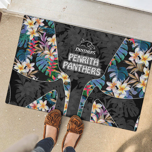 Penrith Panthers Rubber Doormat Tropical Hibiscus Floral Pattern With Black And Grey Accents