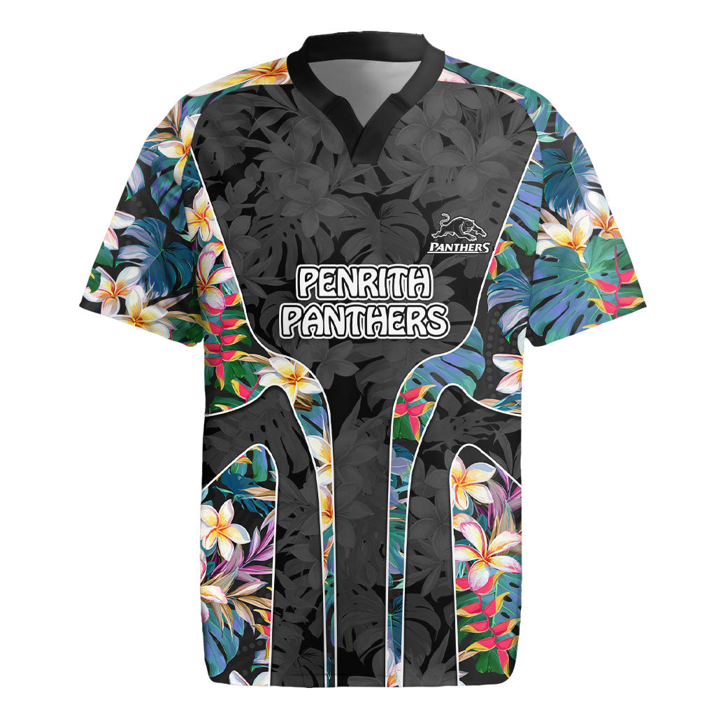Penrith Panthers Rugby Jersey Tropical Hibiscus Floral Pattern With Black And Grey Accents