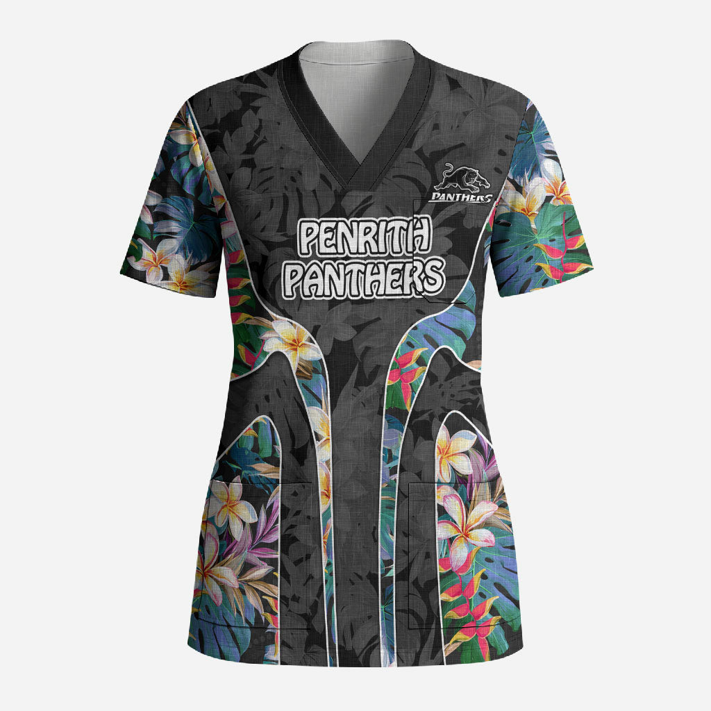 Penrith Panthers Scrub Top Tropical Hibiscus Floral Pattern With Black And Grey Accents