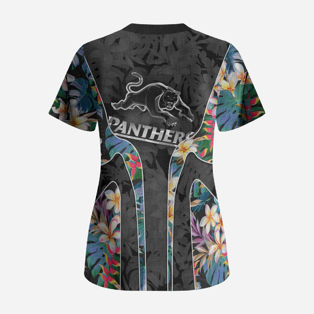Penrith Panthers Scrub Top Tropical Hibiscus Floral Pattern With Black And Grey Accents