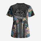 Penrith Panthers Scrub Top Tropical Hibiscus Floral Pattern With Black And Grey Accents