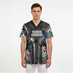 Penrith Panthers Scrub Top Tropical Hibiscus Floral Pattern With Black And Grey Accents