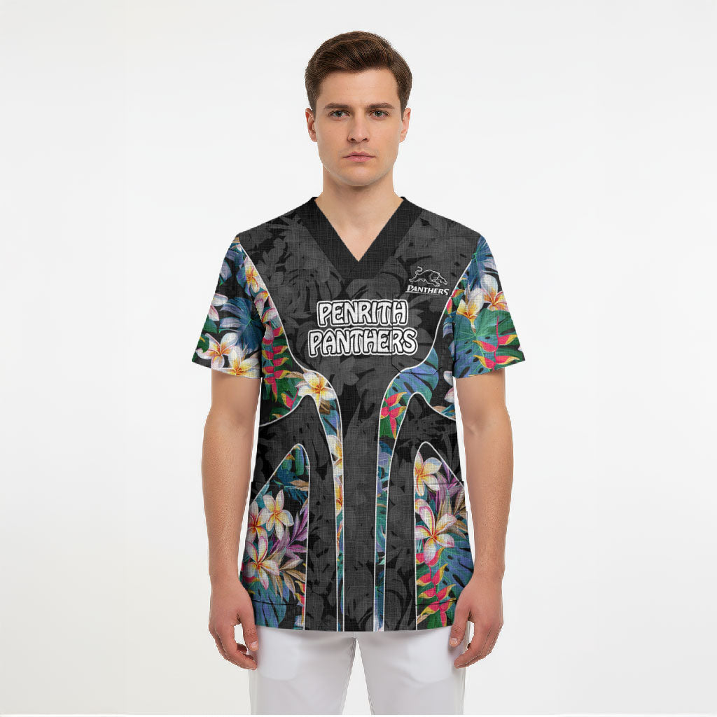 Penrith Panthers Scrub Top Tropical Hibiscus Floral Pattern With Black And Grey Accents