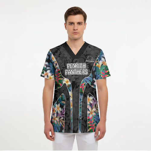 Penrith Panthers Scrub Top Tropical Hibiscus Floral Pattern With Black And Grey Accents
