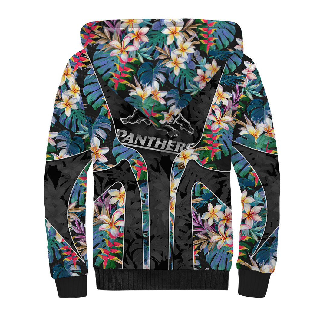 Penrith Panthers Sherpa Hoodie Tropical Hibiscus Floral Pattern With Black And Grey Accents