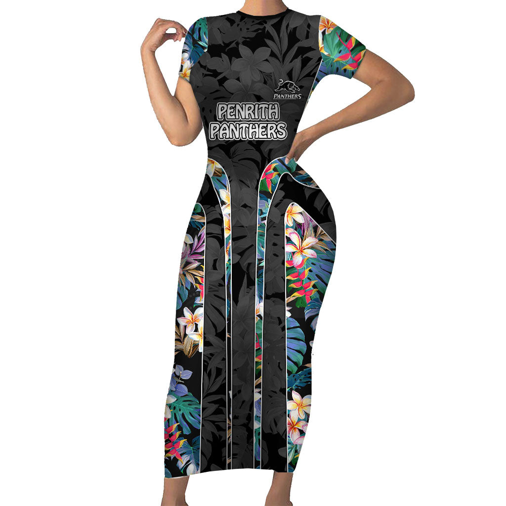 Penrith Panthers Short Sleeve Bodycon Dress Tropical Hibiscus Floral Pattern With Black And Grey Accents