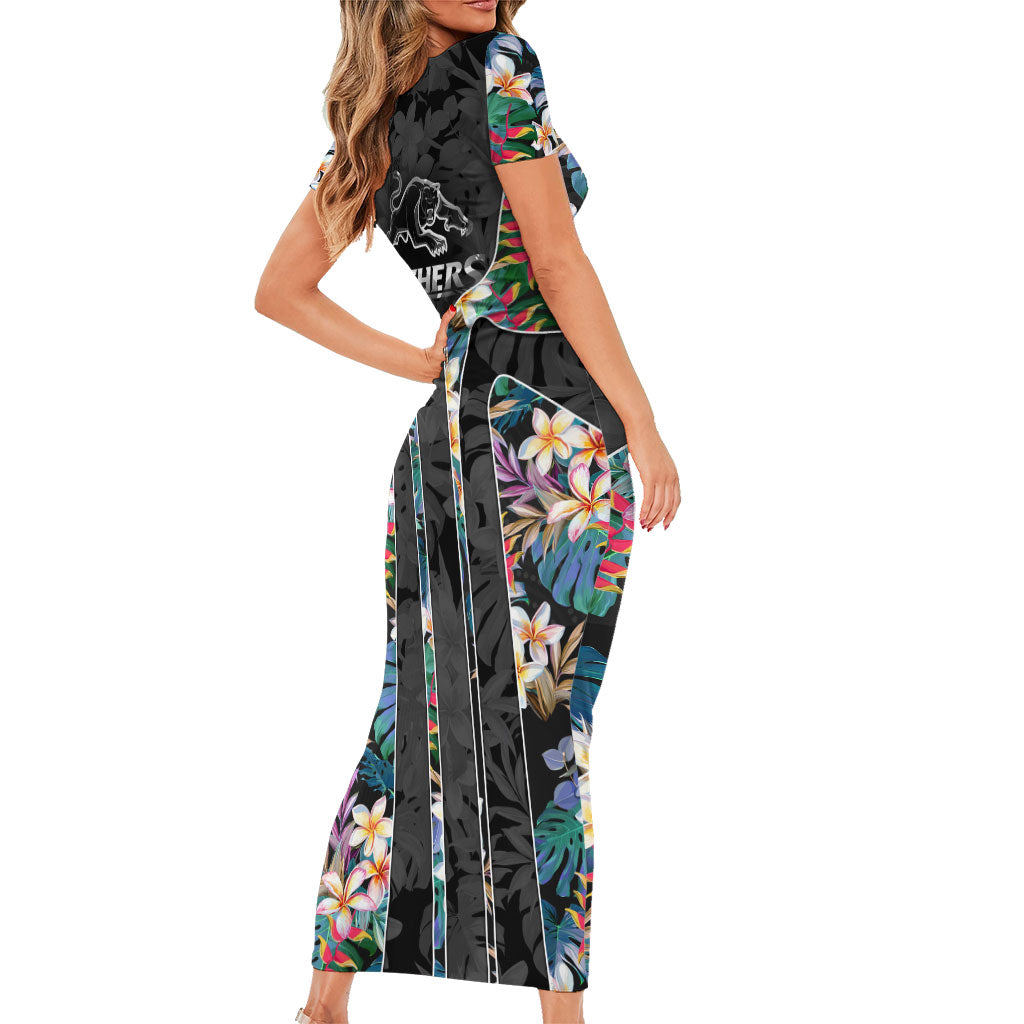 Penrith Panthers Short Sleeve Bodycon Dress Tropical Hibiscus Floral Pattern With Black And Grey Accents