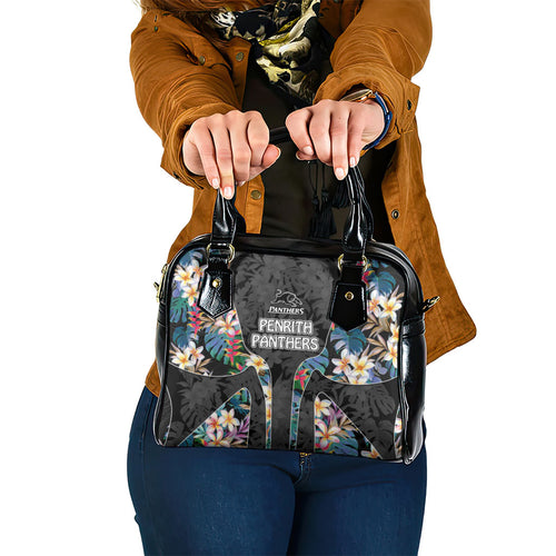 Penrith Panthers Shoulder Handbag Tropical Hibiscus Floral Pattern With Black And Grey Accents
