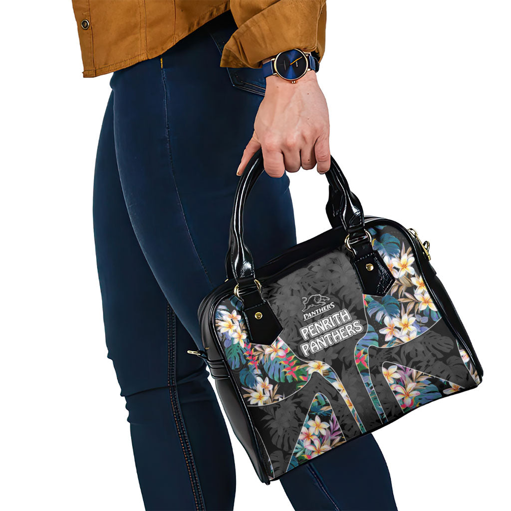 Penrith Panthers Shoulder Handbag Tropical Hibiscus Floral Pattern With Black And Grey Accents