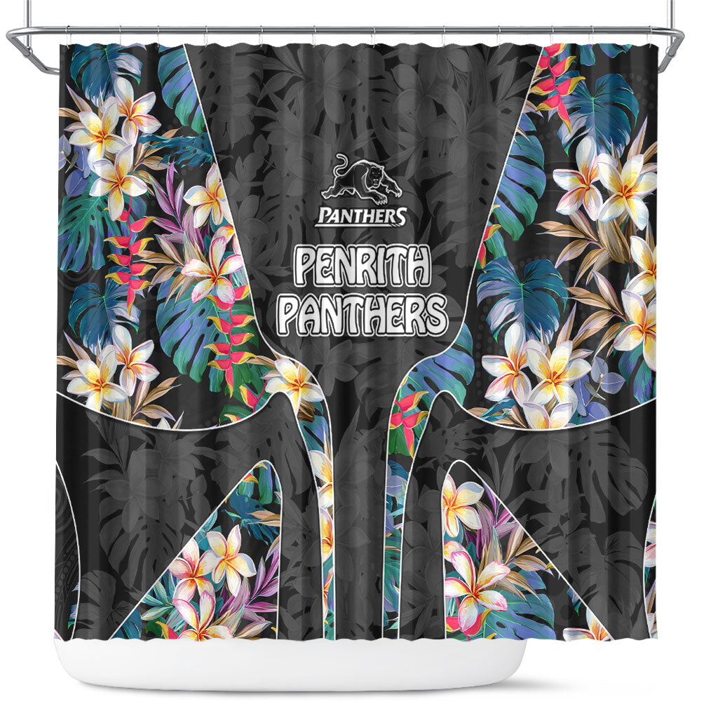Penrith Panthers Shower Curtain Tropical Hibiscus Floral Pattern With Black And Grey Accents