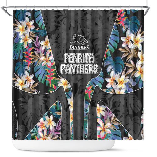 Penrith Panthers Shower Curtain Tropical Hibiscus Floral Pattern With Black And Grey Accents
