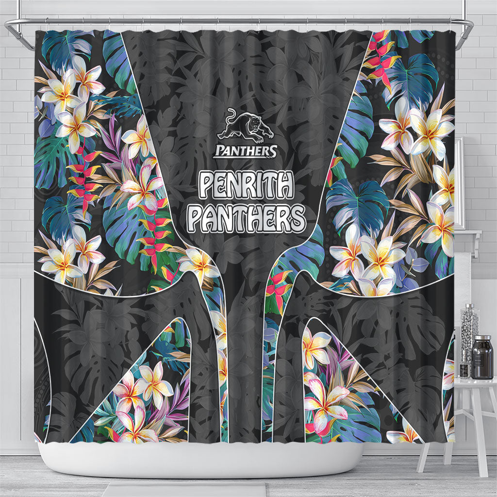 Penrith Panthers Shower Curtain Tropical Hibiscus Floral Pattern With Black And Grey Accents