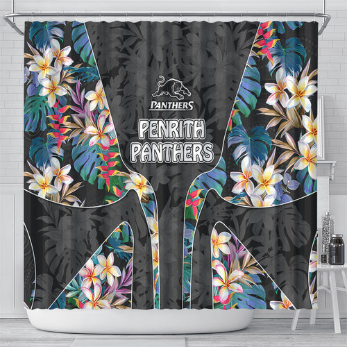 Penrith Panthers Shower Curtain Tropical Hibiscus Floral Pattern With Black And Grey Accents
