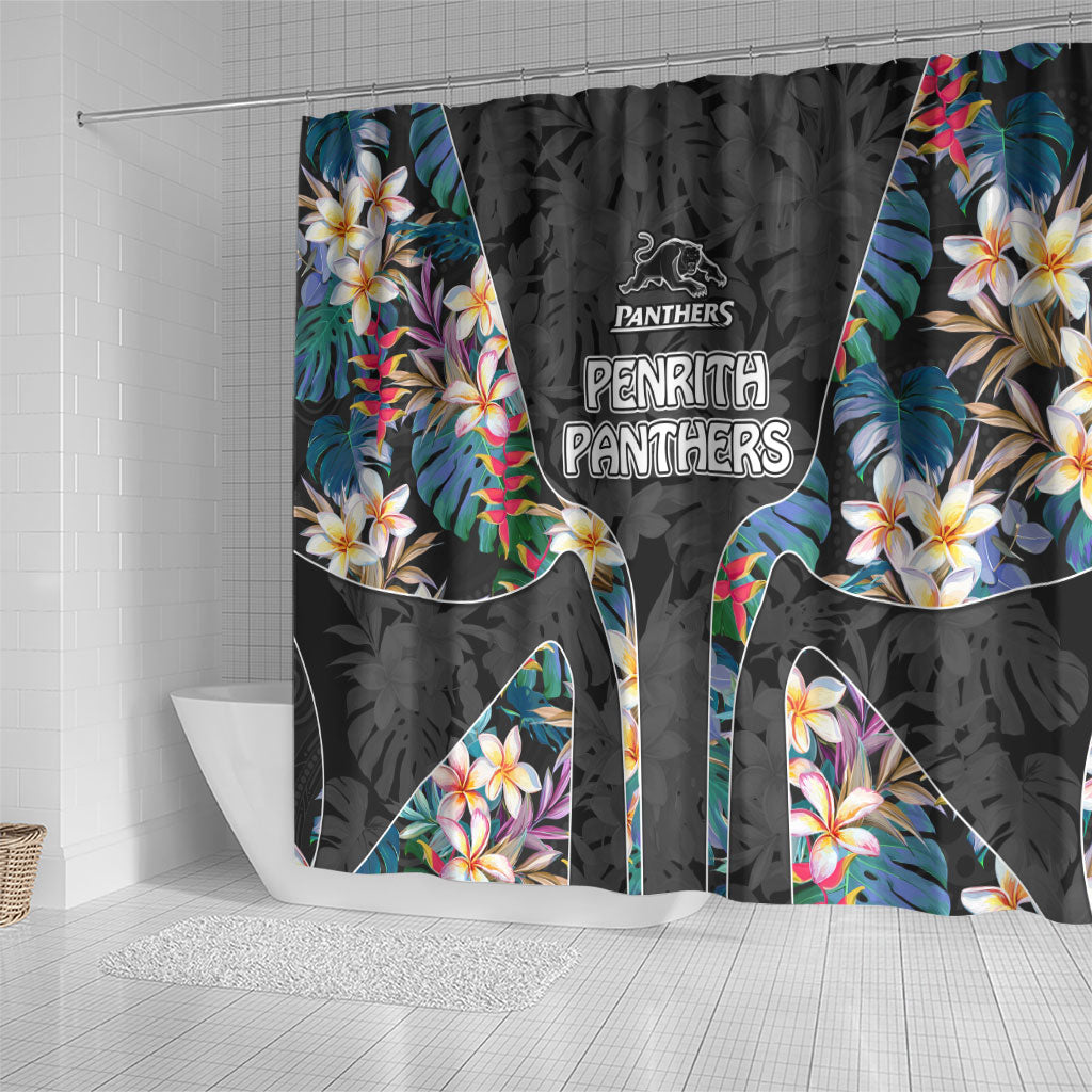 Penrith Panthers Shower Curtain Tropical Hibiscus Floral Pattern With Black And Grey Accents