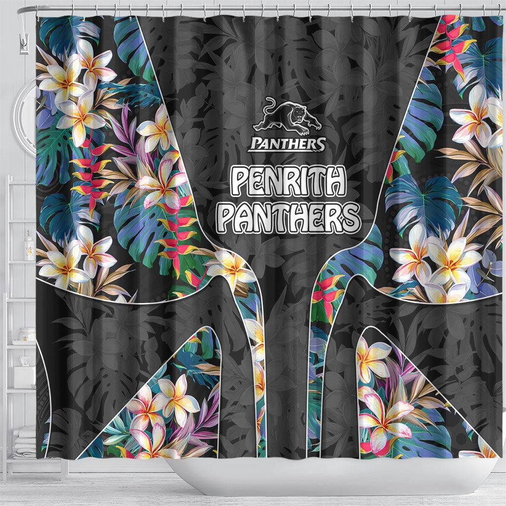 Penrith Panthers Shower Curtain Tropical Hibiscus Floral Pattern With Black And Grey Accents