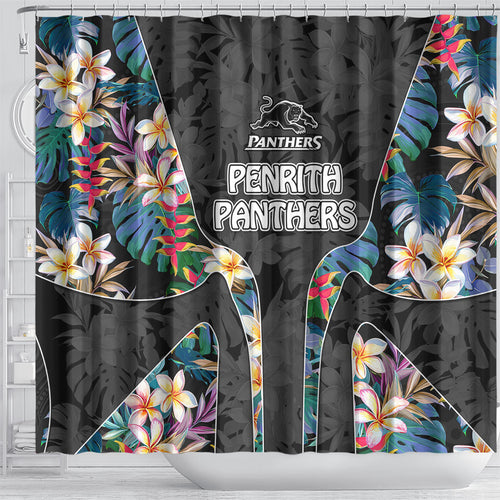 Penrith Panthers Shower Curtain Tropical Hibiscus Floral Pattern With Black And Grey Accents