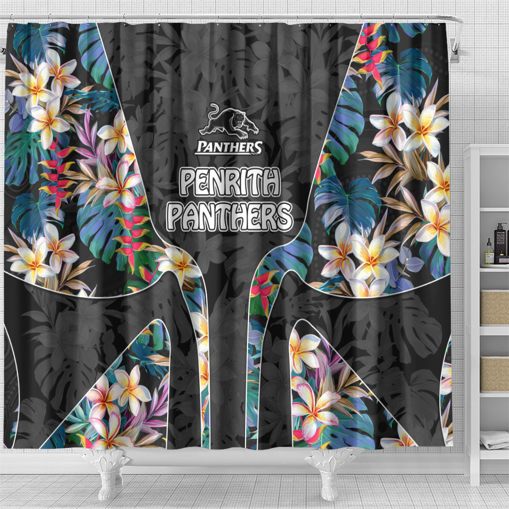 Penrith Panthers Shower Curtain Tropical Hibiscus Floral Pattern With Black And Grey Accents