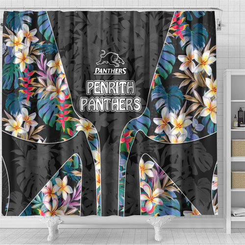 Penrith Panthers Shower Curtain Tropical Hibiscus Floral Pattern With Black And Grey Accents