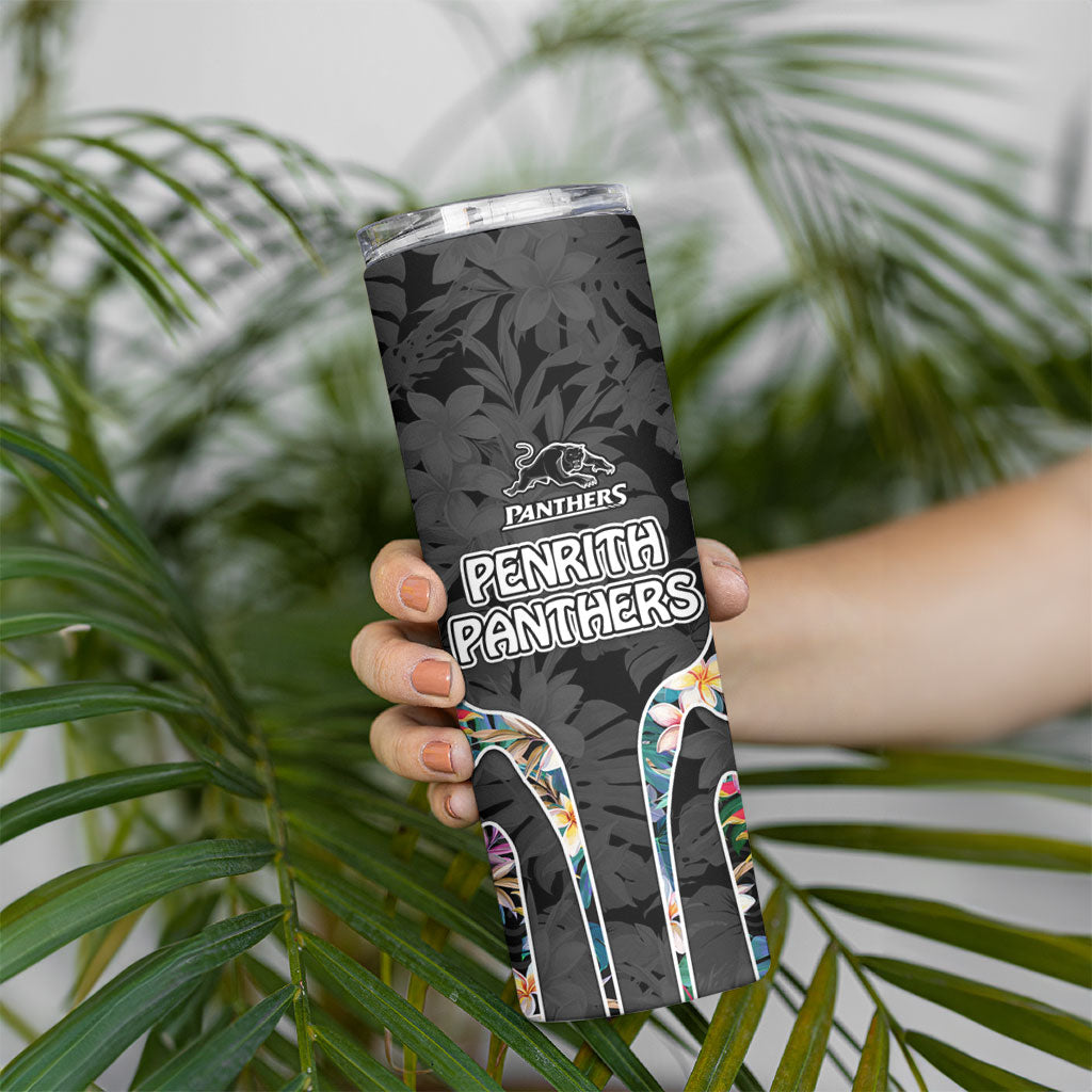 Penrith Panthers Skinny Tumbler Tropical Hibiscus Floral Pattern With Black And Grey Accents
