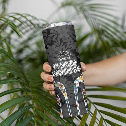 Penrith Panthers Skinny Tumbler Tropical Hibiscus Floral Pattern With Black And Grey Accents