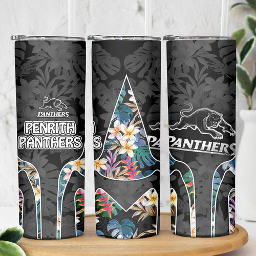 Penrith Panthers Skinny Tumbler Tropical Hibiscus Floral Pattern With Black And Grey Accents