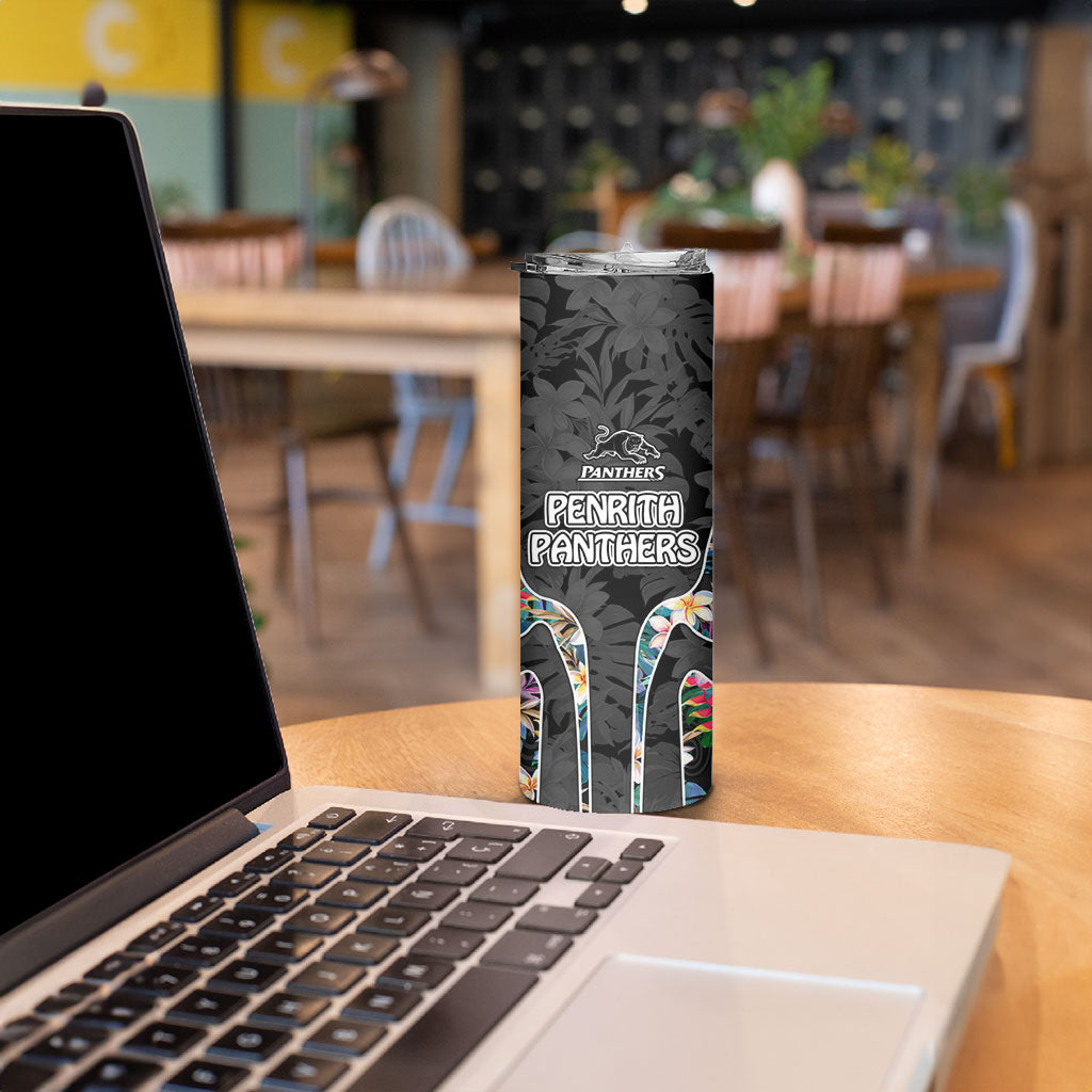Penrith Panthers Skinny Tumbler Tropical Hibiscus Floral Pattern With Black And Grey Accents