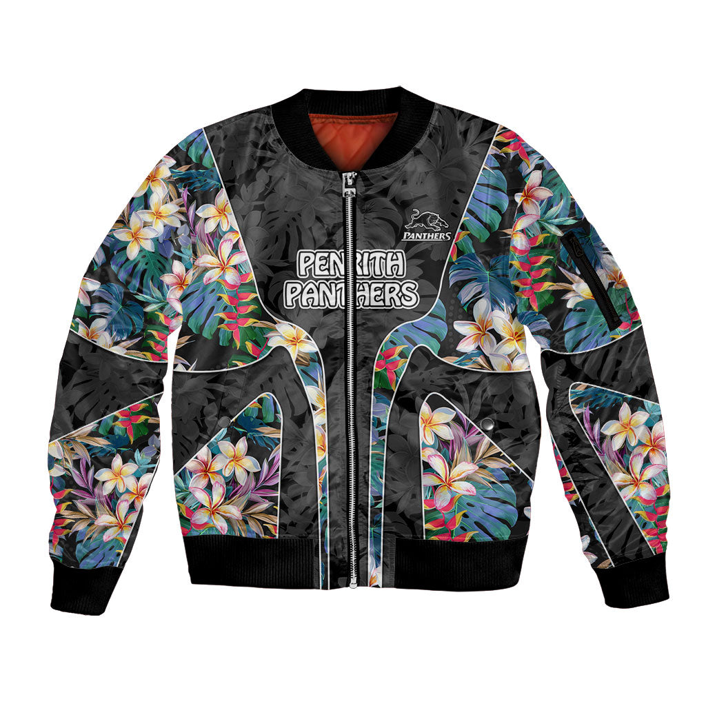 Penrith Panthers Sleeve Zip Bomber Jacket Tropical Hibiscus Floral Pattern With Black And Grey Accents
