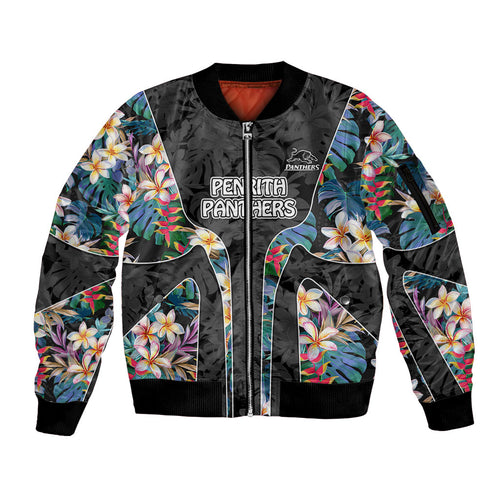 Penrith Panthers Sleeve Zip Bomber Jacket Tropical Hibiscus Floral Pattern With Black And Grey Accents