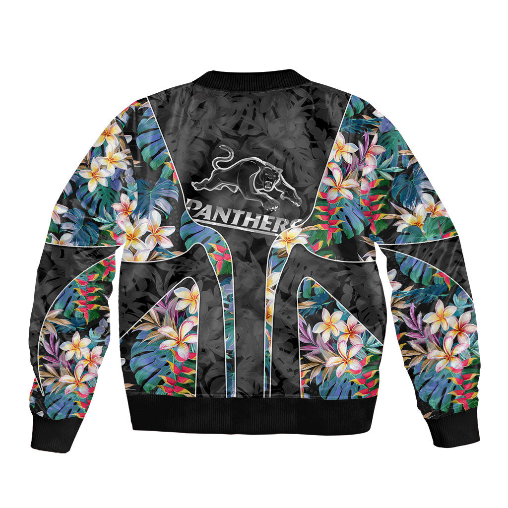 Penrith Panthers Sleeve Zip Bomber Jacket Tropical Hibiscus Floral Pattern With Black And Grey Accents
