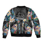 Penrith Panthers Sleeve Zip Bomber Jacket Tropical Hibiscus Floral Pattern With Black And Grey Accents