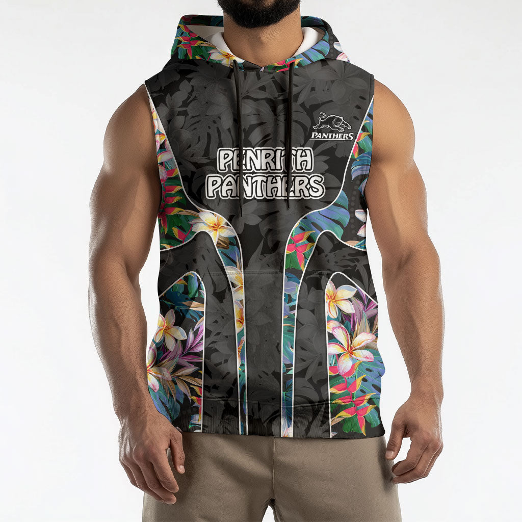 Penrith Panthers Sleeveless Hoodie Tropical Hibiscus Floral Pattern With Black And Grey Accents