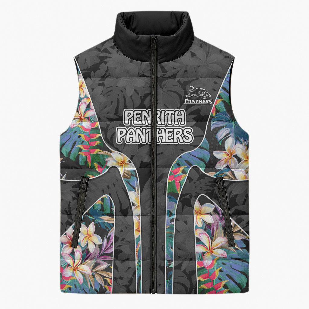 Penrith Panthers Sleeveless Puffer Jacket Tropical Hibiscus Floral Pattern With Black And Grey Accents